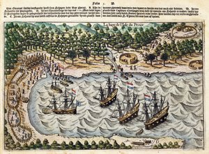 Zicht op Nederlands schip in haven, ca. 1598-1602 door Olivier van Noort