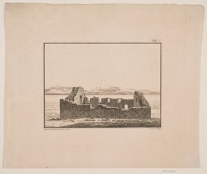 Kerkruïne op Groenland. Illustratie voor W.A. Graah. Onderzoekstocht naar de oostkust van Groenland door Oluf Olufsen Bagge