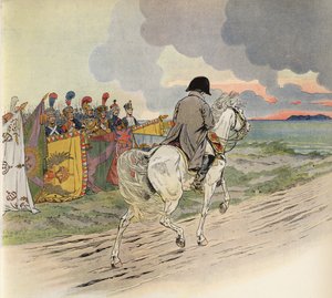 Denkbeeldige afbeelding van Napoleon te paard, die het respect van de soldaten van Europa ontvangt