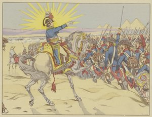 Napoleon inspireert zijn troepen bij de Slag bij de Piramides, Egypte, 21 juli 1798