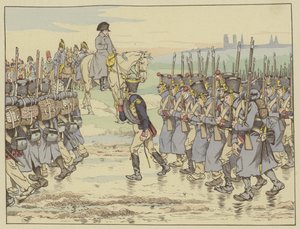 Napoleon kijkt toe terwijl het laatste contingent van het leger in de Franse campagne voorbij marcheert nabij Reims, 16 maart 1814