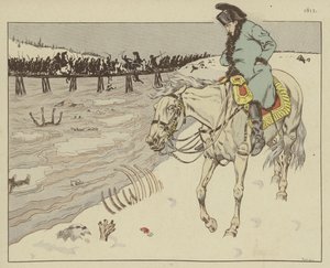 Napoleon kijkt naar de overblijfselen van zijn Grande Armée die de rivier de Berezina oversteken tijdens de terugtocht uit Moskou, 1812 door Onfray de Breville Job