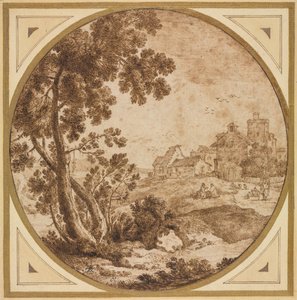 Landschap met gebouwen en figuren, tweede helft 1600s door Onorio Marinari