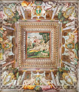 Zicht op het plafond van de Kamer van Adonis en de gedenkstenen van familieleden Rossi, Gonzaga, Riario en Medici, Rocca dei Rossi, San Secondo, Parma, Italië door Orazio (attr.to) Samacchini