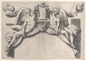 Twee engelen die een cartouche of schild ondersteunen, 1568-77 door Orazio de Sanctis