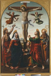 Kruisiging met de Maagd en St. Johannes de Doper, St. Maria Magdalena, St. Johannes de Evangelist en St. Augustinus door Ortolano