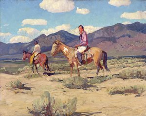 Braven van de Taos Mountains (olieverf op board) door Oscar Edward Berninghaus