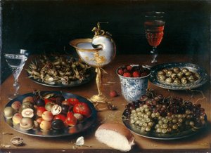 Stilleven met Nautilusbeker, Fruit, Noten en Wijn, c.1610