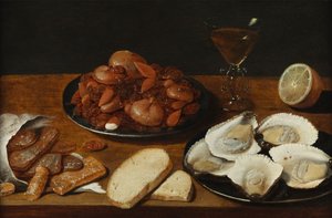 Stilleven met oesters, gebak, citroen en wijnglas