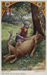 Scène uit De wolf en de zeven geitjes, door de gebroeders Grimm door Oskar Herrfurth