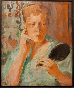 Portret Margarethe met zwarte handspiegel door Oskar Moll