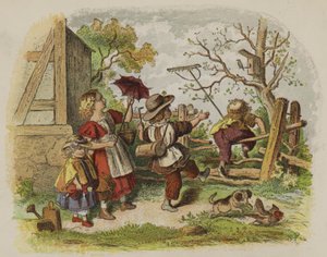 Groep kinderen die buiten spelen (kleur litho) door Oskar Pletsch