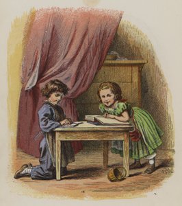 Twee kinderen die boeken lezen (kleur litho) door Oskar Pletsch