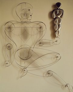 Homo, draadfiguur met achteraanzicht figuur in zijn hand door Oskar Schlemmer
