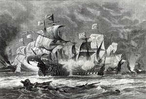 De Voorhoede, onder Sir William Winter, in gevecht met de Spaanse Armada, uit 