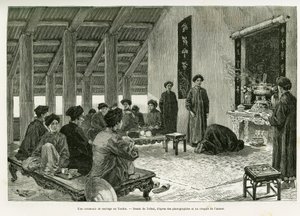 Een huwelijksceremonie in Tonkin. Gravure door Tofani, ter illustratie van het verhaal 
