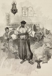 Aissawa-dans, Marokkaanse religieuze broederschap, op de Wereldtentoonstelling van 1889, Parijs, Frankrijk, gravure door E. Mancastroppa naar tekening van Osvaldo Tofani uit L