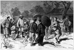 Dr. Piassetzky reist naar China, altijd vergezeld door Chinezen. Gravure naar een tekening van Tofani, in 