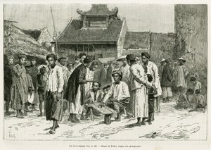 Spel van de sapeque. Gravure door Tofani, ter illustratie van het verhaal Trente mois au Tonkin, in 1884, door Dr Paul Hocquard, in le tour du monde 1890, onder leiding van Edouard Charton (1807-1890), Hachette, Parijs.