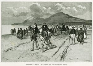 Eilandbewoners gaan naar de mis. Gravure door Tofani, ter illustratie van het verhaal Drie maanden in Ierland, in 1889, door Marie Anne de Bovet, in le tour du monde 1890, onder leiding van Edouard Charton (1807-1890), Hachette, Parijs. door Oswaldo Tofani