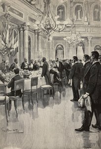 Italiaanse diplomaten proosten samen, Parijs, Frankrijk, gravure naar tekening van Gennaro Amato, naar schets van Osvaldo Tofani, uit L