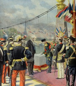 Nicolas 2 legt de eerste steen van de Alexandre 3 brug, in aanwezigheid van Felix Faure, Parijs 1896 (Gravure) door Oswaldo Tofani