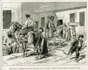 Kleine bedrijven, krantenverkopers, zuivel, fruitverkopers enz... in de straten van Buenos Aires (Argentinië). Gravure door Tofani ter illustratie van het verhaal Voyage a la Plata, drie maanden vakantie door Emile Blaireaux in 1886, in le tour du monde 18 door Oswaldo Tofani