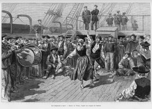 De emigranten aan boord. Gravure door Tofani ter illustratie van het verhaal 
