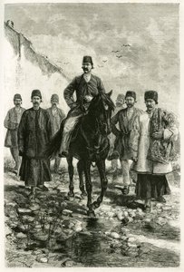 De gouverneur van Kachan (of Kashan, in de provincie Teheran, het huidige Iran) rijdt op een zwart paard en zijn gevolg is te voet. Gravure door Tofani, naar een foto, ter illustratie van het verhaal 