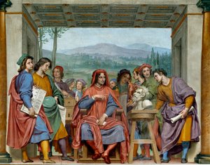 Laurent de Medici zittend tussen Florentijnse kunstenaars