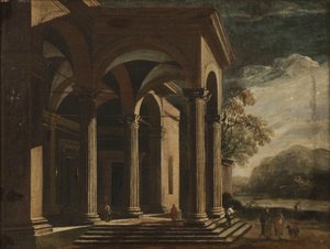 Architectonische fantasie paleis in een landschap
