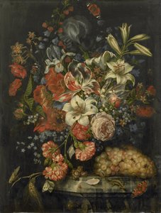 Stilleven met bloemen en fruit