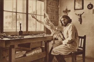 Houtsnijderswerkplaats in Oberammergau, Alois Lang, de vertegenwoordiger van Christus in het Passiespel 1930 door Otto Ballerstedt