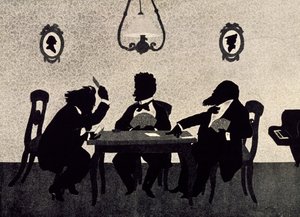 Kaartspel tussen Johannes Brahms, Richard Strauss en Hans Richter, zwarte silhouet door Otto Bohler