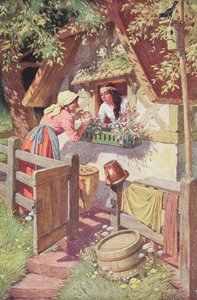 De boze koningin, vermomd als oude vrouw, biedt de vergiftigde appel aan Sneeuwwitje aan, illustratie uit het sprookje van Grimm 