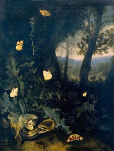 Bosgrond met distel en slang door Otto Marseus  van Schrieck