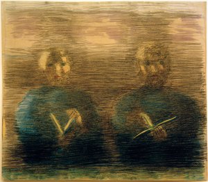 Voorbereiding (devotie in de eetzaal). Deelstudie (twee jongens met zangboeken) door Otto Meyer Amden