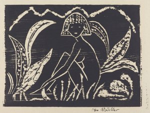 Naakt meisje in een landschap (Madchenzwischen Blattpflanzen) door Otto Müller