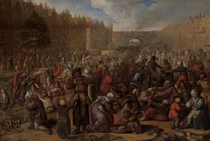 De uitgehongerde mensen na de ontzetting van het beleg van Leiden door Otto van Veen
