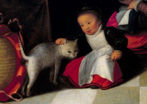 De kunstenaar en zijn familie Detail van de kat en het kind. Schilderij door Octavius Van Veen (1556-1629)