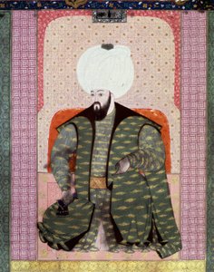 Ottomaanse Rijk: Portret van Ottomaanse Sultan Bajazed (Bayezid, Bajazet, Bayazid) II de Rechtvaardige (1447-1512) Miniatuur uit het manuscript (Ms. 1973, folio 62a) Zubdat al Tawarikh (Creme van Verhalen) door historicus Seyid Loqid Ashuri door Ottoman School