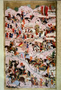 Ottomaanse Rijk: Sultan Soliman I, bijgenaamd de Prachtige, bij de Slag bij Mohacs op 29/08/1526 tegen het leger van het Koninkrijk Hongarije, geleid door Koning Lodewijk II. Miniatuur uit 