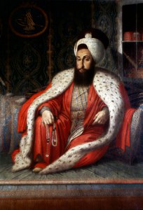 Ottomaanse Rijk: Sultan Selim III in Audiëntie. 1803. Olieverf op doek door Konstantin Kapidagli. Topkapi Sarayi Istanbul Bibliotheek
