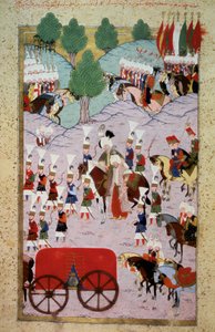 Ottomaanse Rijk: voorstelling van Sultan Soliman (Suleyman) I genaamd de Prachtige (1520-1566) en zijn leger. Miniatuur uit Hunername door Lokman, vol. 1 (H 1523, f.7) 1584 Topkapi Sarayi Museum Bibliotheek Istanbul
