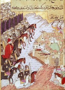 Tweede Kruistocht (1147-1149): de Kruisvaarders voor de stad Aleppo in Syrië. 16e-eeuwse miniatuur. Topkapi Sarayi Istanboel