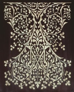 Vitrinekast, detail van ingelegd paneel