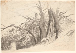 Een helling met grote bomen in een bos, met twee wandelende dames door P.C. Skovgaard