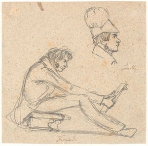 H.E. Freund zittend op een kruk en een tekening bekijkend. Boven rechts profielportret van J. Th. Lundbye.