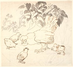 Hen met haar kuikens in een cirkelvormige compositie