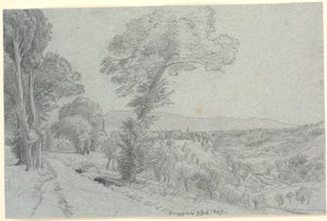 Italiaans berglandschap met uitzicht op "Genazzano 9 juli 1869" door P.C. Skovgaard
